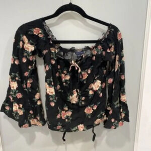 American Eagle Women’s Ruffle Floral Off Shoulder Long Bell Sleeve Sz XS
